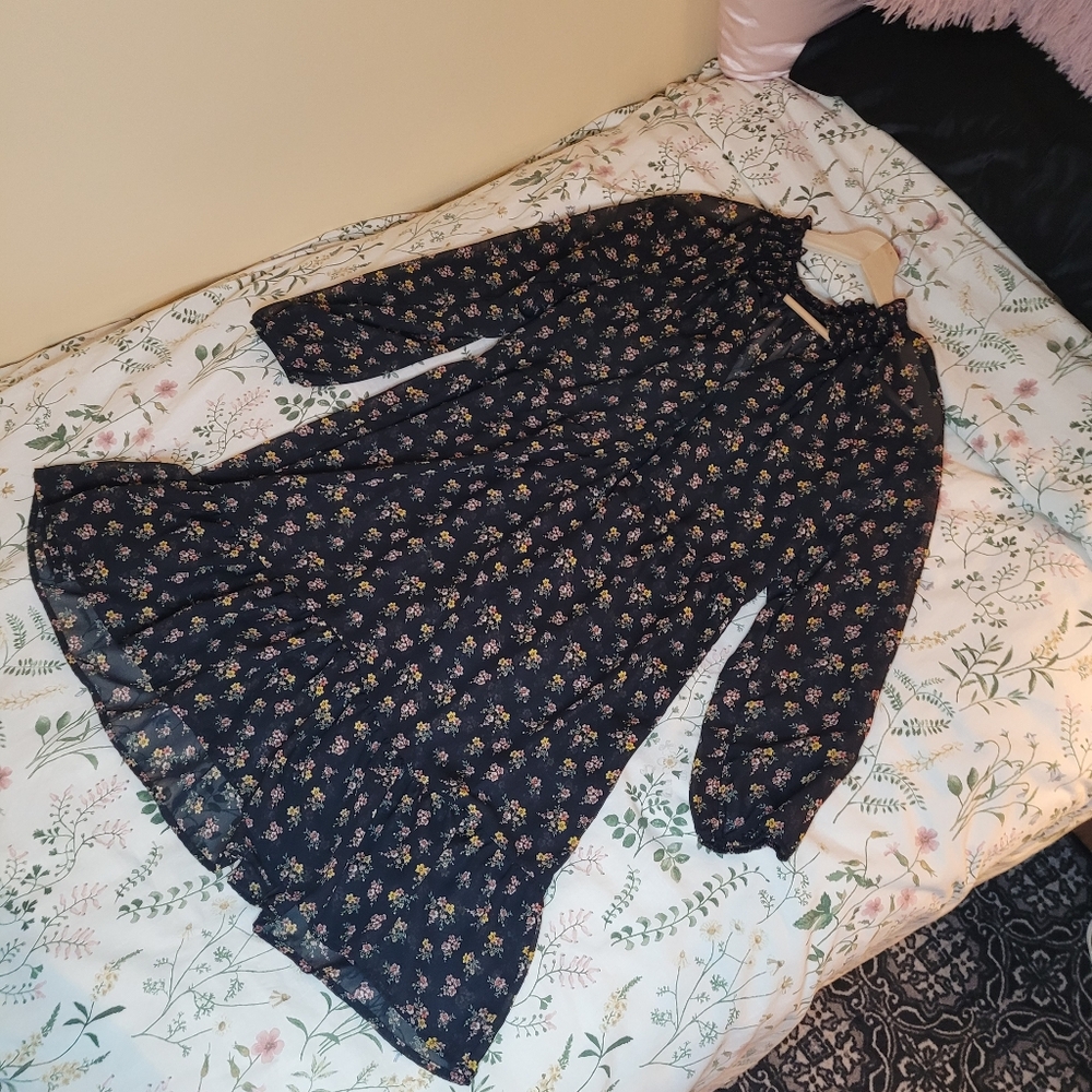Black Sheer Floral Long Sleeve Ruffled Hem Dress